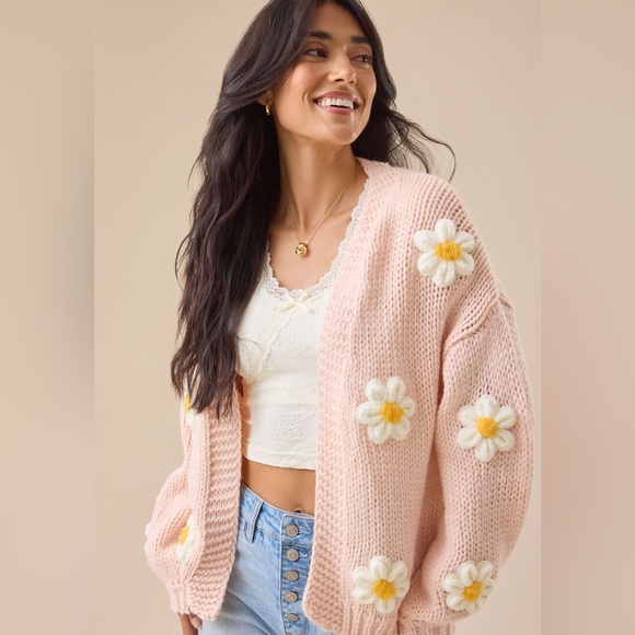 Altar'd State Sweaters - Altar'd State Pink Cardigan with Floral Accents